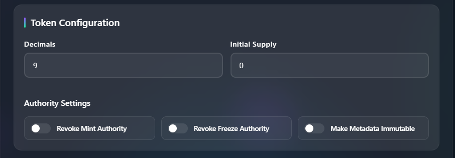 Token Configuration Section